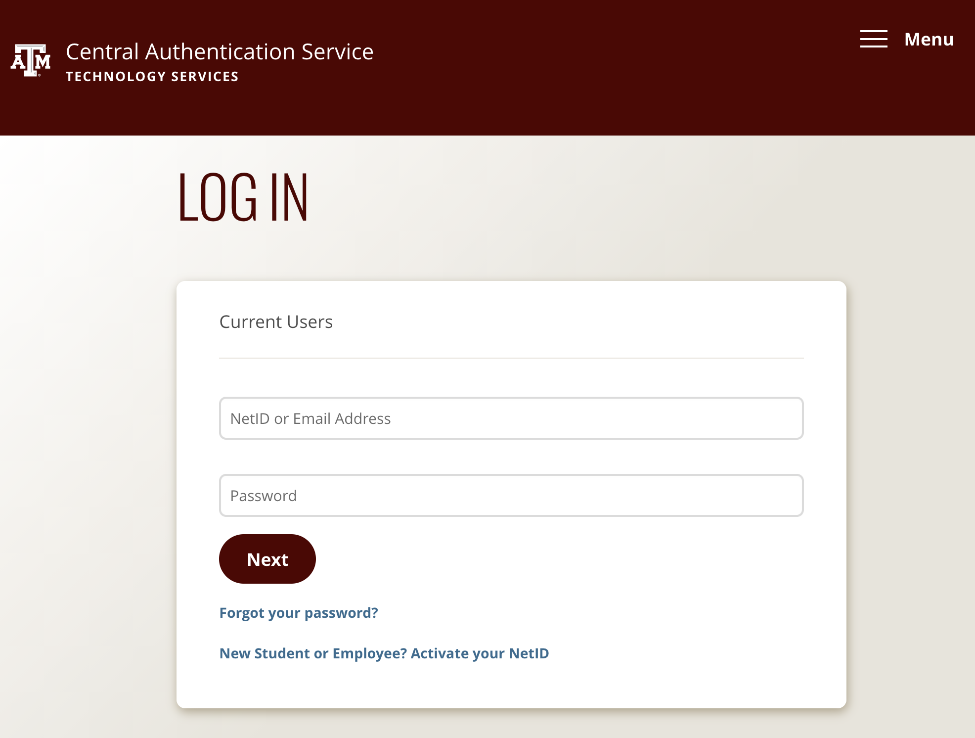 TAMU Central Authentication Service Login Window