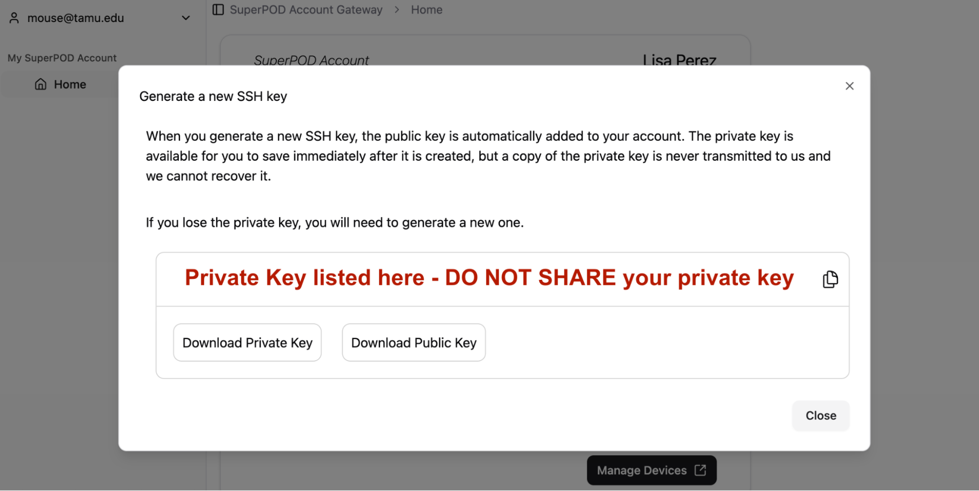 Download private key screen
