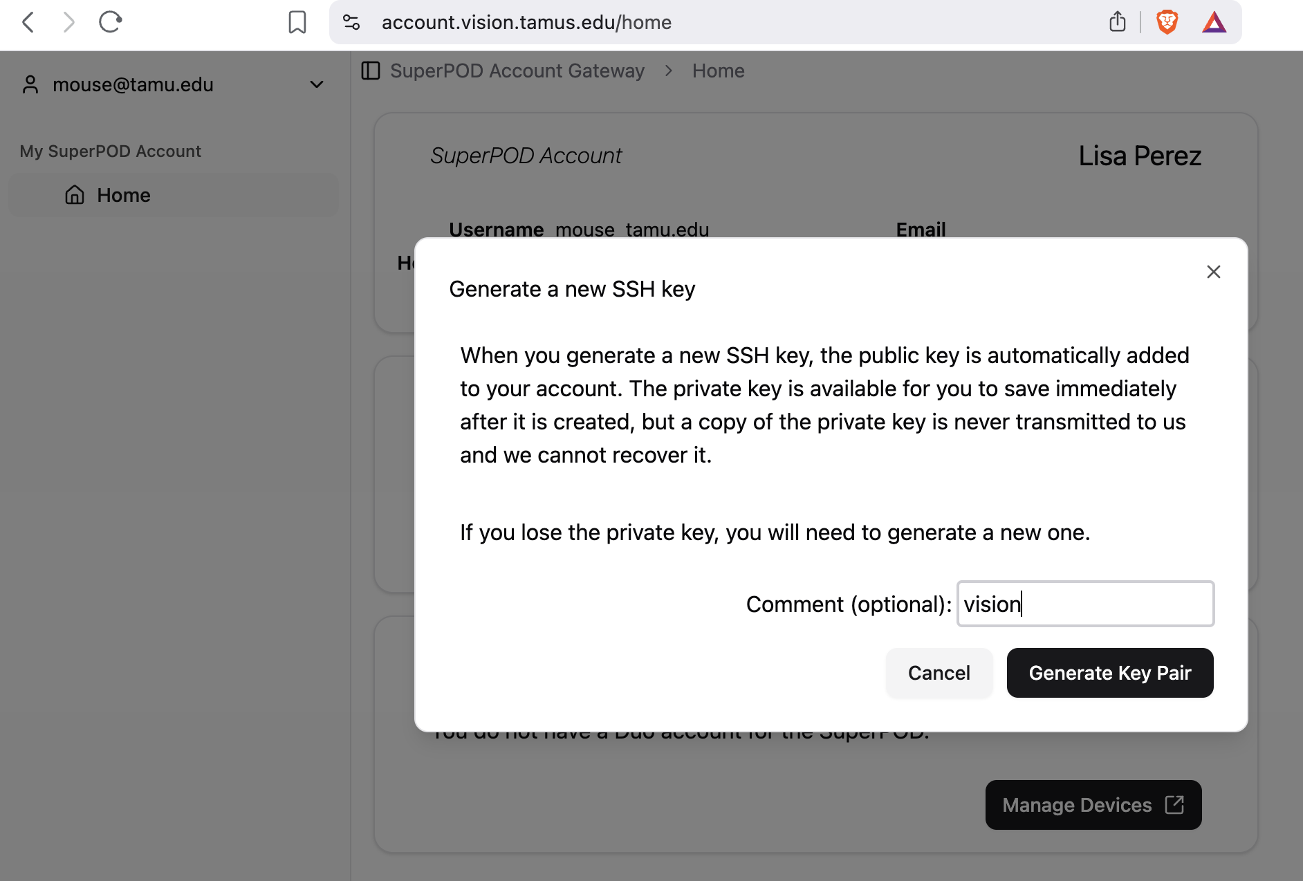 Generate key pair screen