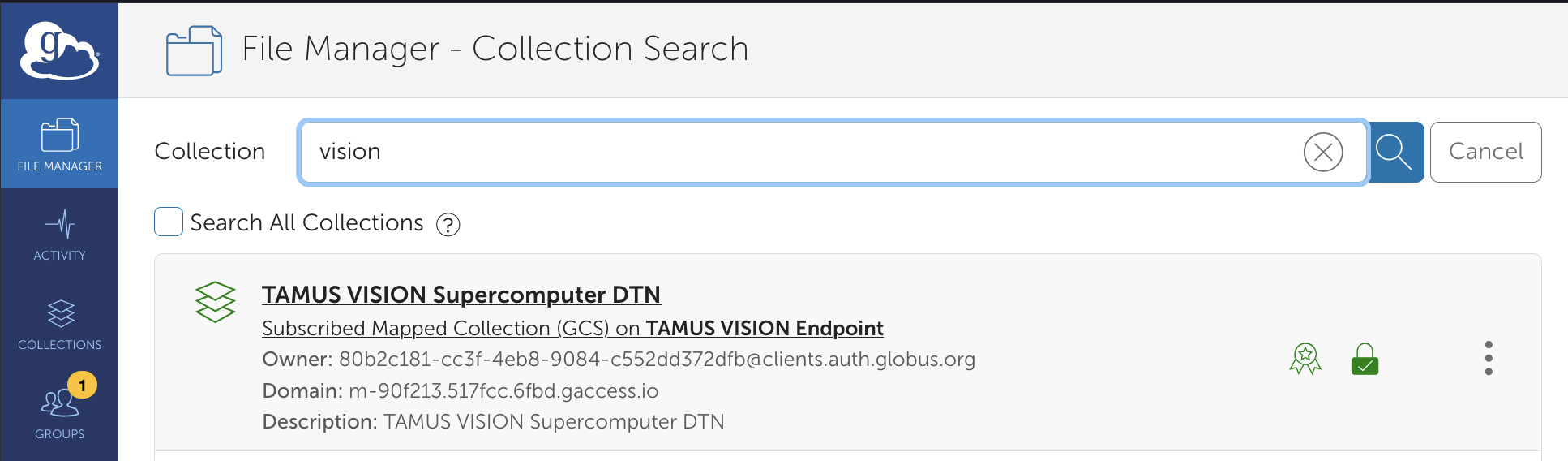 Globus File Manager Default Screen