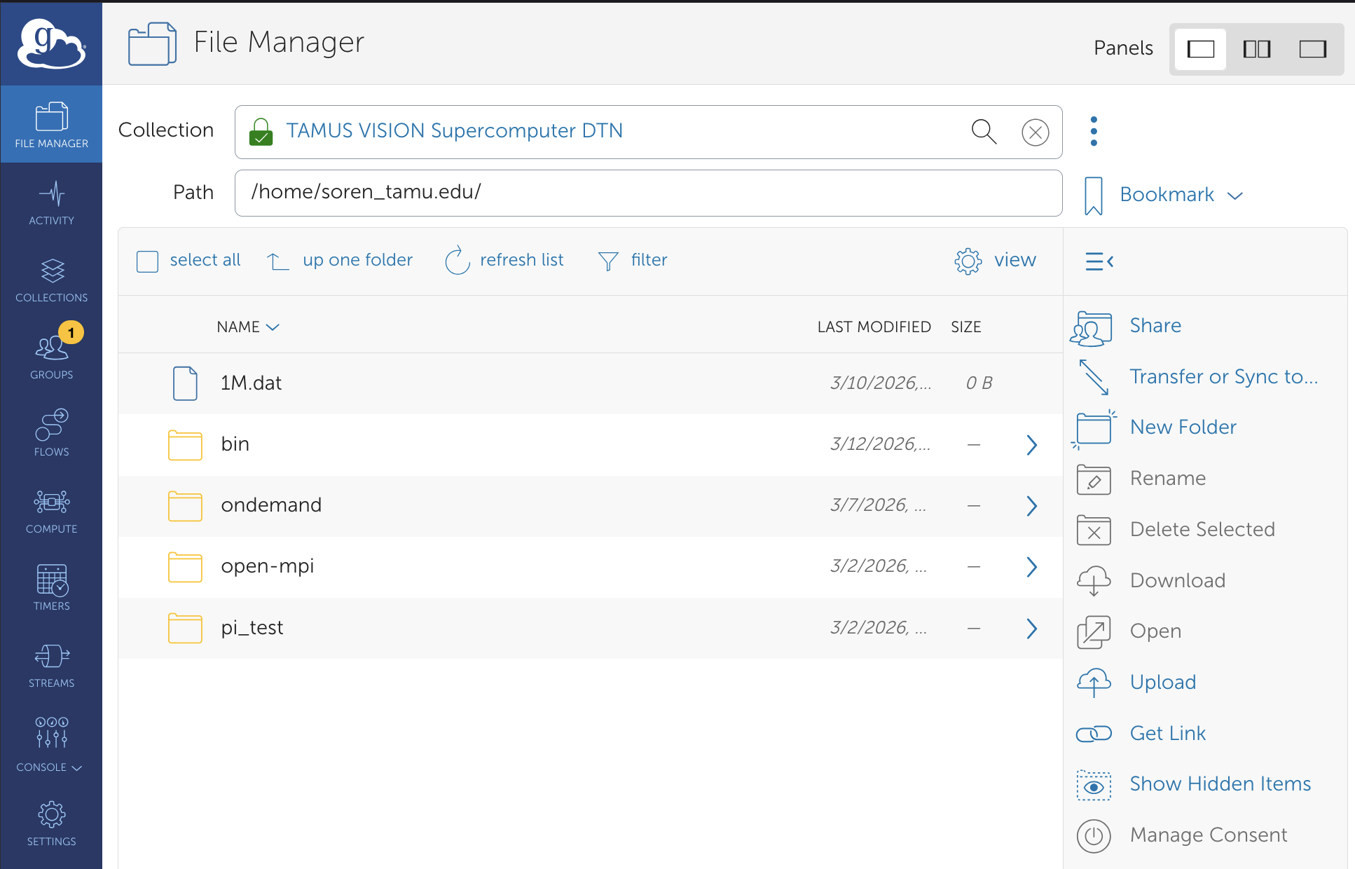 Globus File Manager VISION DTN Selected